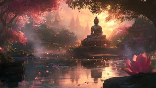 Statue of Buddha overlooks reflective lotus pond at sunset