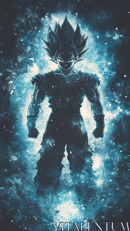 Silhouetted energy figure stands within dense cosmic field