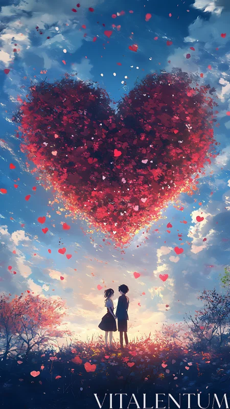 Luminous Heart Suspended in Sky Above Silhouetted Couple Below