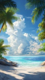 Tropical Coastal Landscape Rendered with Volumetric Cloud Illumination and Shallow Water Refraction 