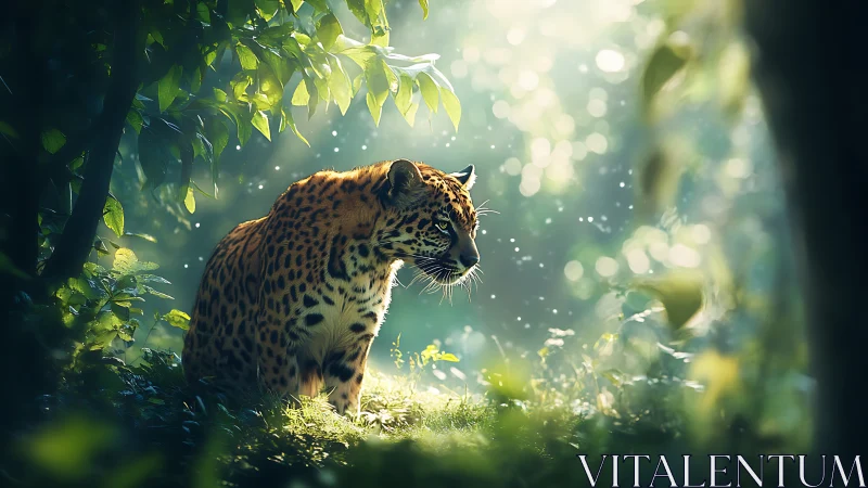 Leopard in Forest Clearing with Dappled Light.