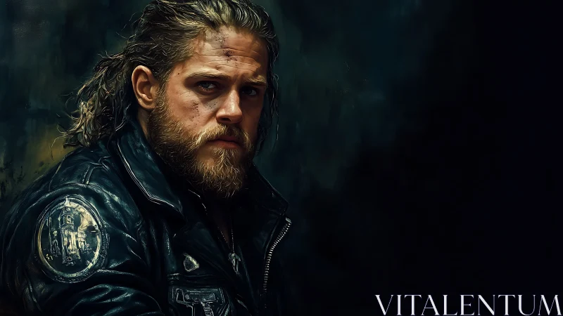Brooding bearded biker in leather jacket against shadowed void.