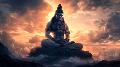 Sunset-drenched Shiva sculpture breathes stillness into clouds