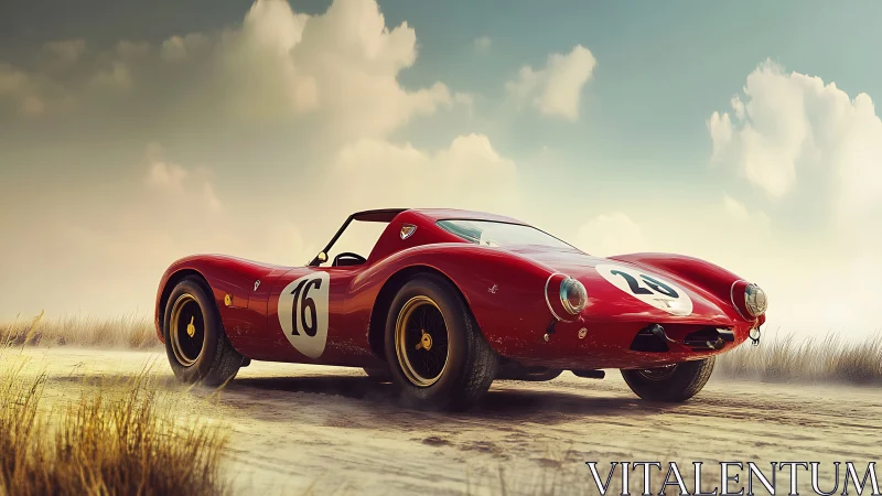 Scarlet desert racer humming through a sunlit daydream.