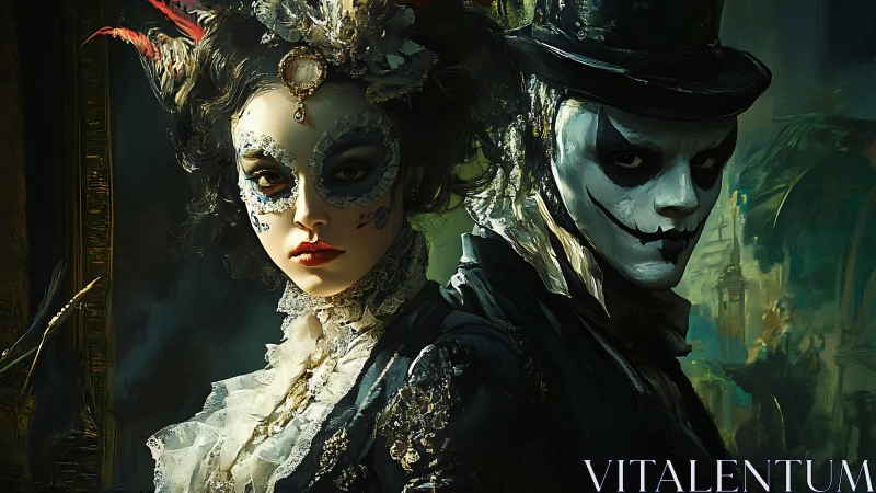 Masked couple in ornate costumes with dramatic lighting.