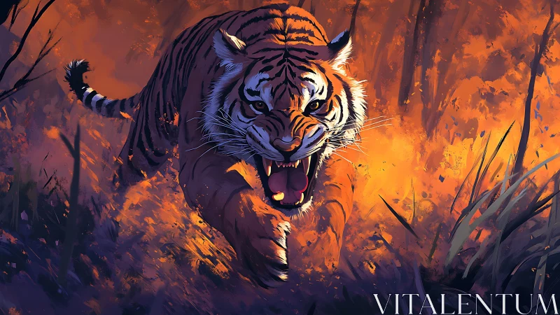 Dynamic digital painting of charging tiger in fiery foliage