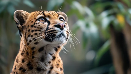 Bright-eyed leopard gazes upward in a calm forest glow