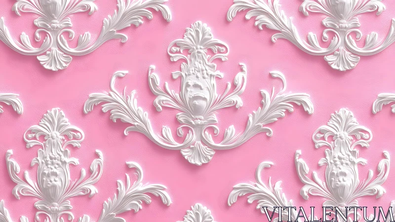 Ornate White Baroque Floral Pattern on Pastel Pink Background.