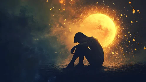 Silhouetted boy curls in sorrow before a blazing full moon