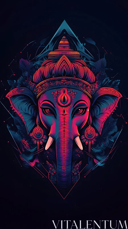 Neon gradient Ganesh portrait with geometric halo and florals