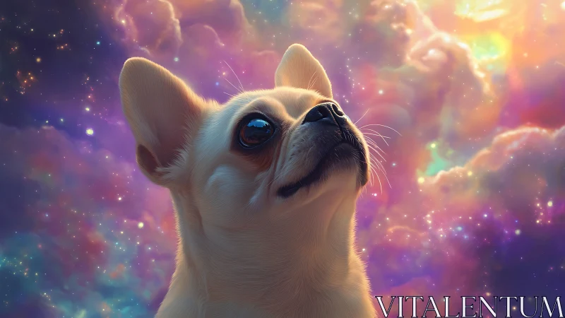 Small light-colored dog profile against diffuse nebula sky.