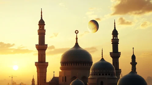 Golden dusk embraces a serene domed city skyline