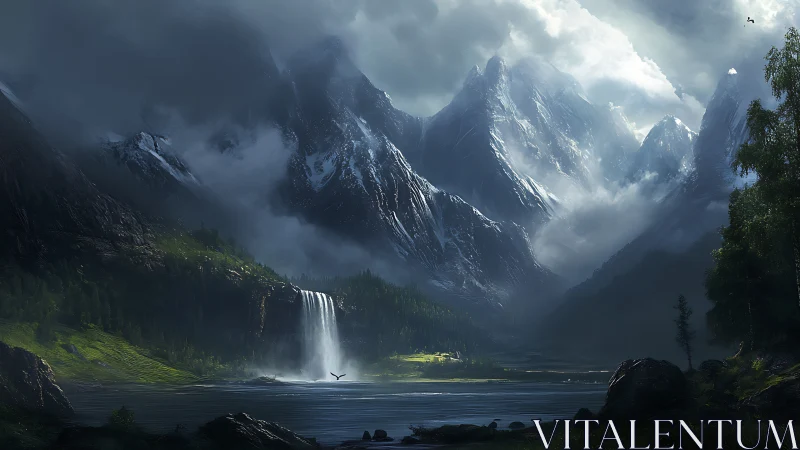 Storm-lit mountain valley frames a luminous waterfall sanctuary