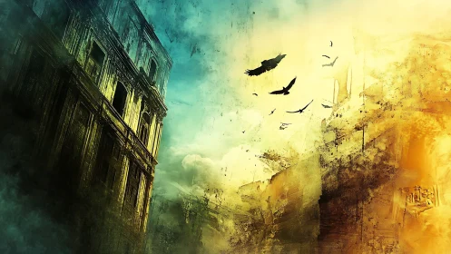 Decayed facade and soaring birds divide teal-gold skyline