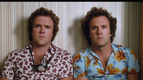 Retro twin portrait in patterned floral shirts, striped wall