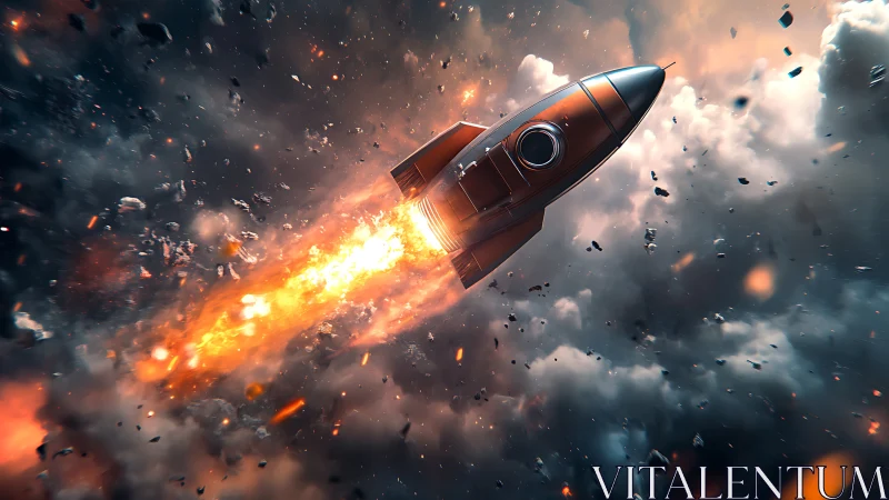 Retro rocket blazes through stormy clouds in fiery ascent.