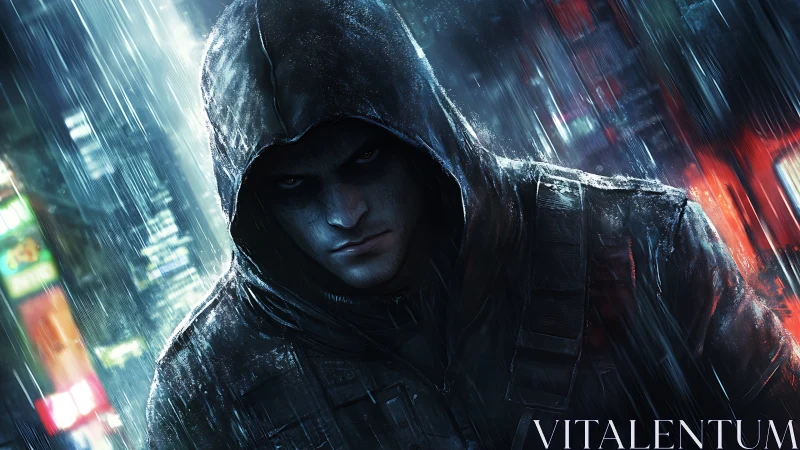 Hooded vigilante under heavy rain in neon city street.