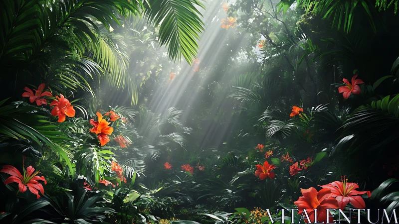 Sunlit tropical jungle glade with vivid red lilies in bloom