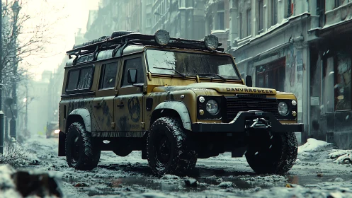 Mud crowned rover poses boldly in a frozen urban canyon
