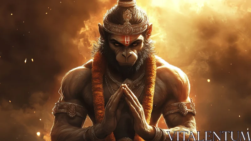 Hanuman deity portrait in warm backlit digital painting