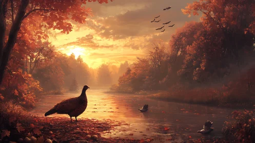 Autumn river hush with wild turkey and ember-bright sky.