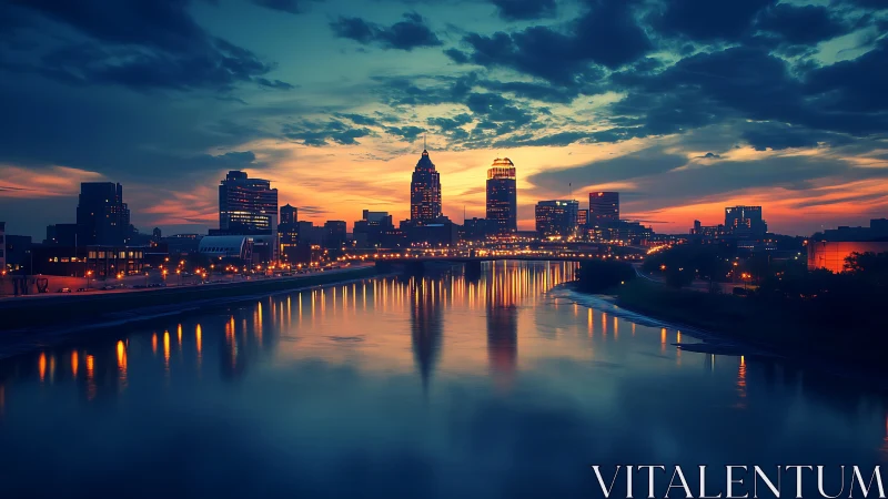 Urban river skyline at dusk with illuminated city buildings.
