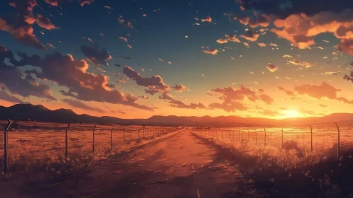 Sunset road perspective across fenced rural plain.