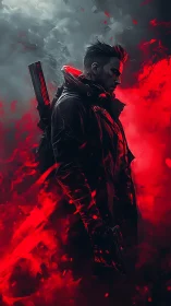 Cybernetic gunman in red-black atmospheric backlit volumetrics