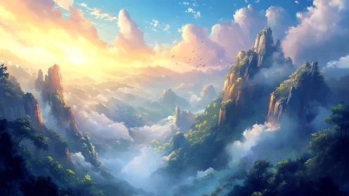 Sunlit cloud valley among towering fantasy peaks.