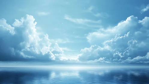 Digital seascape with cumulus cloud architecture and horizon light.