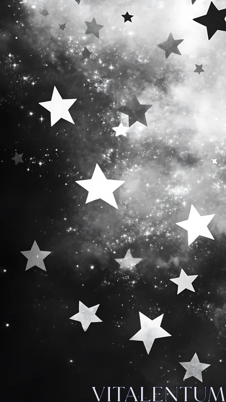 Monochrome star shapes over dense galactic background.