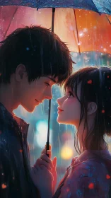 Romantic anime couple under rain-soaked umbrella glow.
