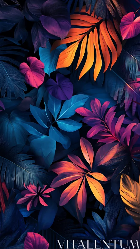 Neon jungle leaves glow in electric twilight dreamscape.