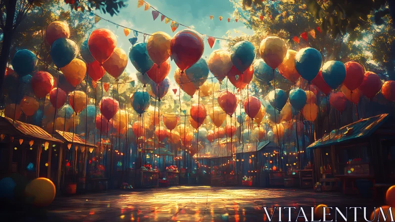 Festival Pavilion Beneath Cascading Balloons and Golden Light.
