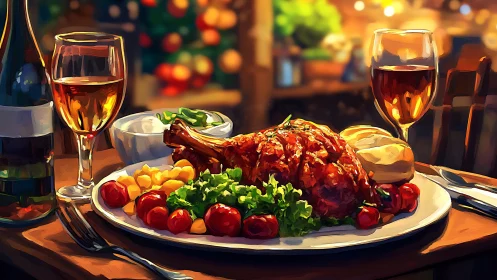 Digital painting of festive roast dinner with wine glasses.