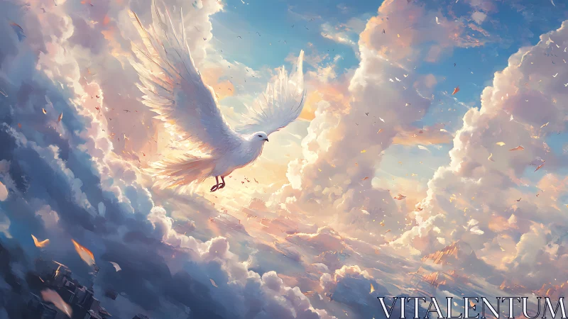 High-detail white dove soaring through volumetric sunset clouds