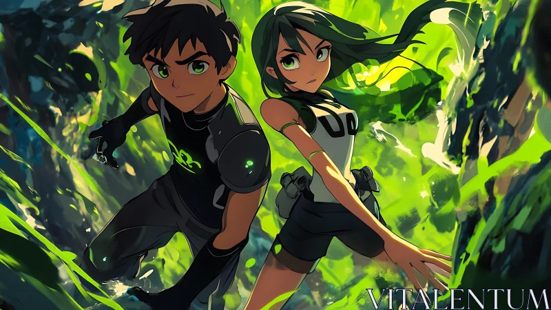 Greenlit duo dive through neon jungle chaos in sync.