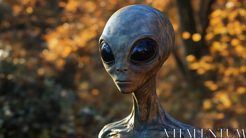 Extraterrestrial portrait with reflective eyes in autumn forest.