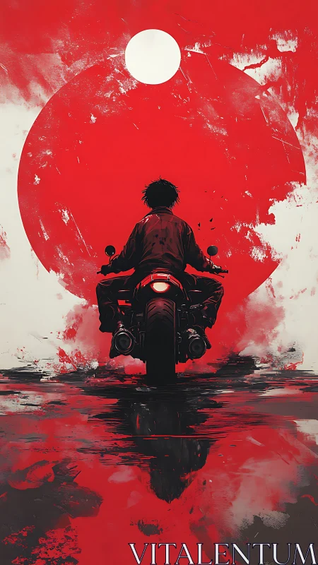 Backlit motorcyclist silhouette before red sun reflection