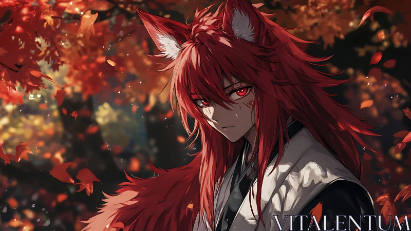 Fox-eared warrior stands amid burning autumn canopy.