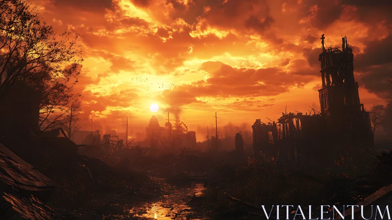 Fiery sunset descends over ruined post-apocalyptic cityscape