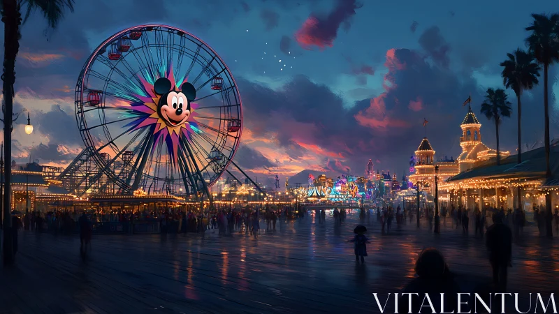 Ferris wheel glows over a twilight-lit seaside amusement park.