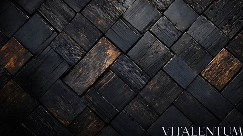 Charred wooden block parquet forms dark woven surface