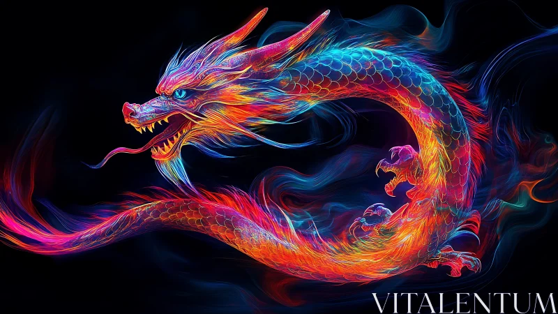 Fiery neon dragon coils in darkness with intense energy.