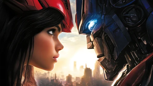 Human warrior and armored robot lock eyes at sunrise.