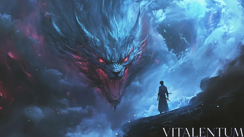 Storm-lit samurai confronting colossal spectral dragon sky.