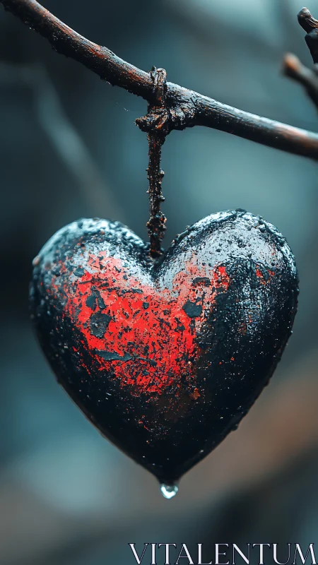 Heart-shaped fruit with exposed red interior suspended from dark branch