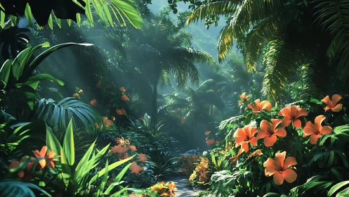 Lush tropical jungle path with orange hibiscus in dappled light