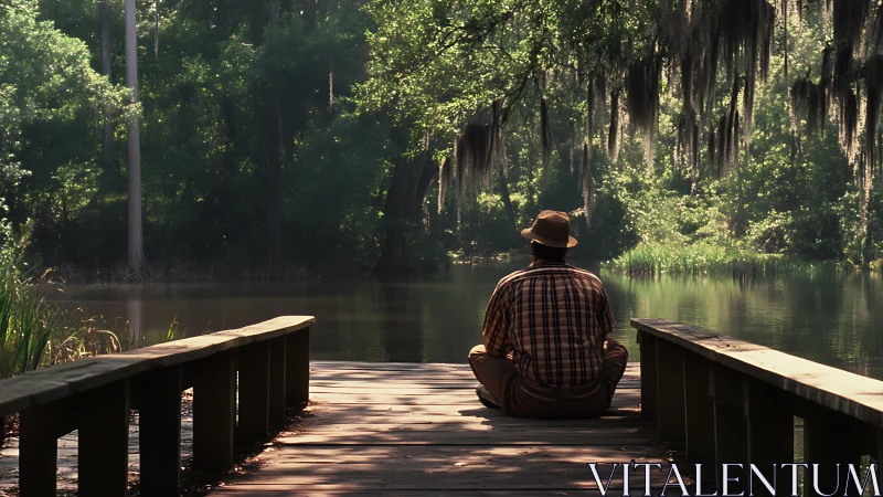 Man in plaid shirt meditates on lakeside wooden dock at dawn.