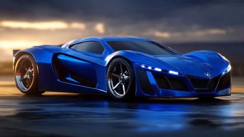 Blue futuristic supercar on wet track at dramatic sunset.